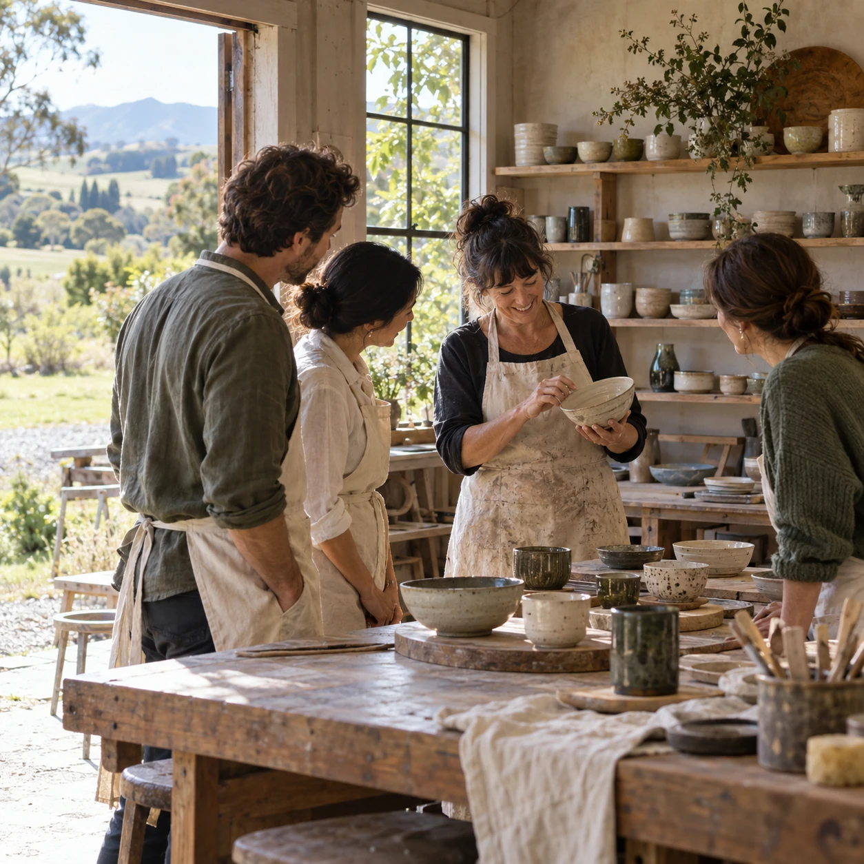 A local ceramics maker showing travellers a handmade bowl in a workshop
