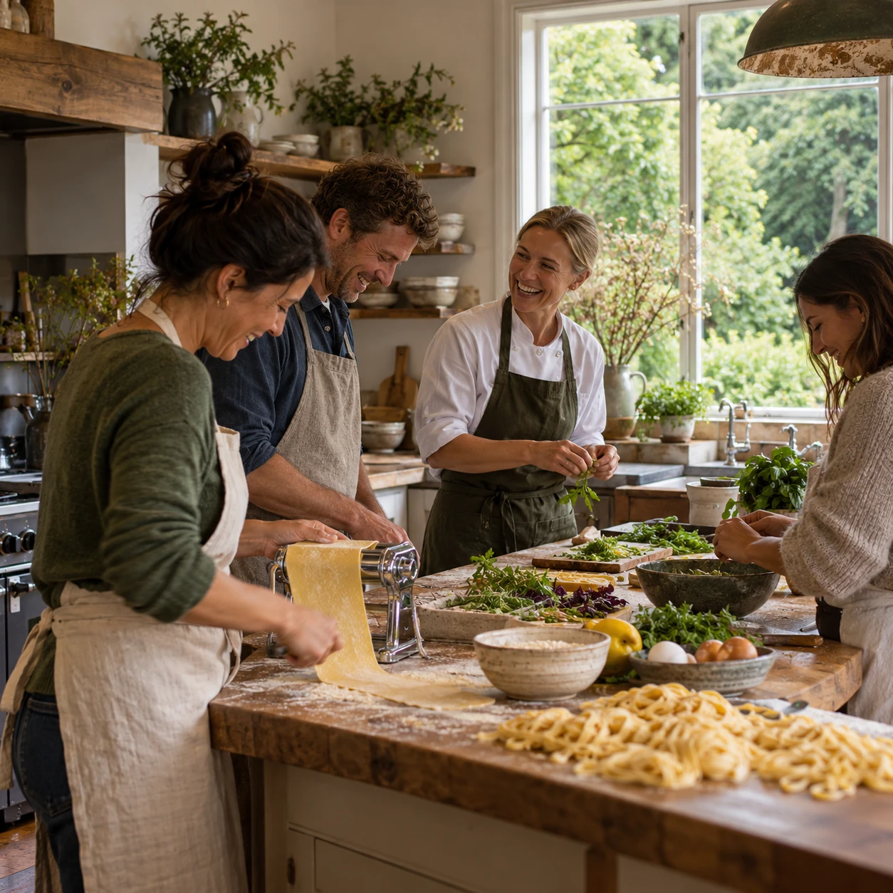 Travellers preparing fresh pasta and vegetables with a cook