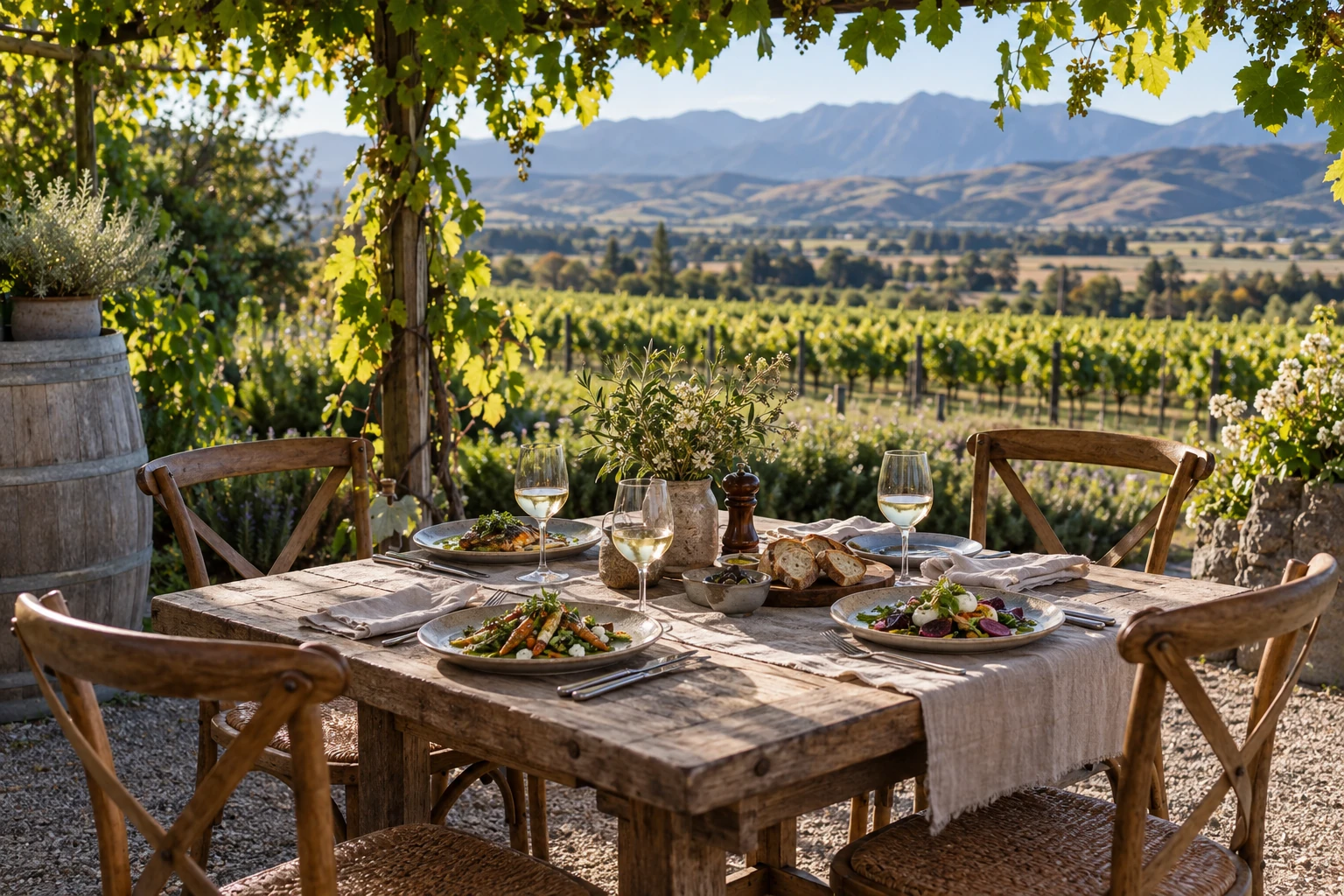 A lunch table set with food and wine overlooking vineyard rows and hills