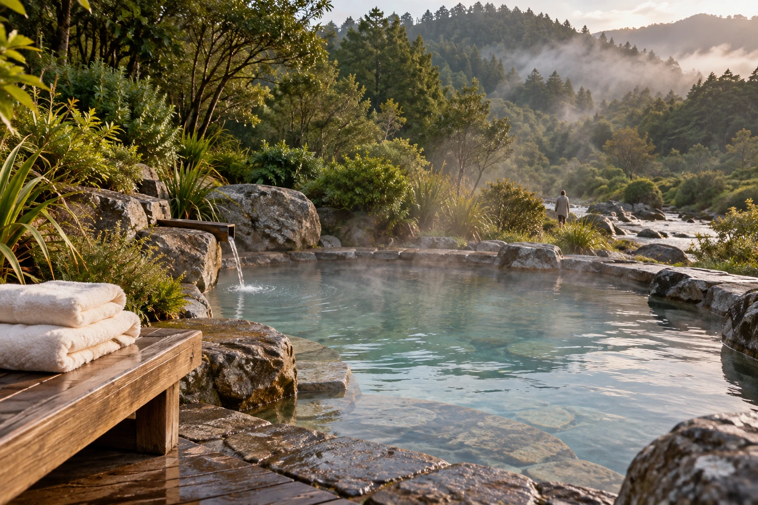 Outdoor thermal pool beside trees and a river