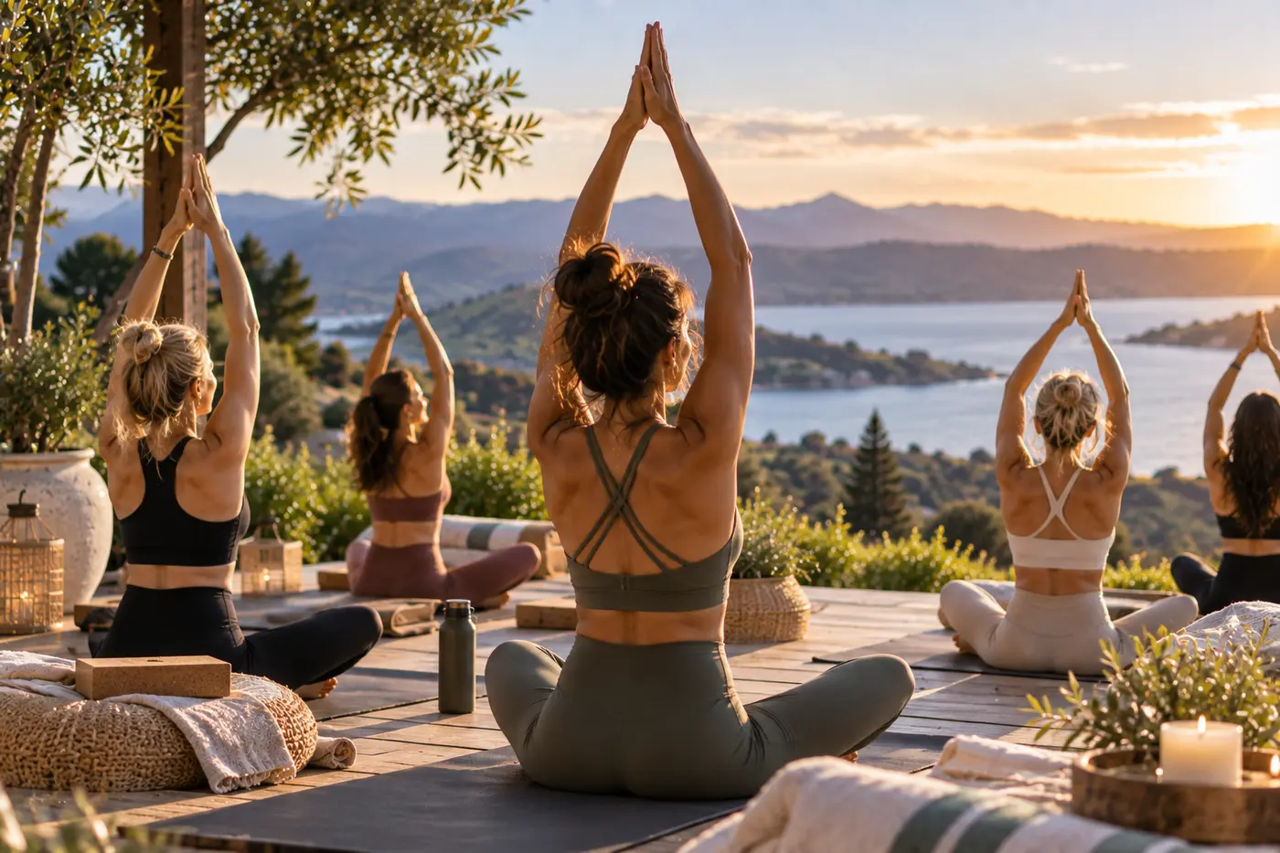 A small group practising yoga together on a lakeside terrace at sunset