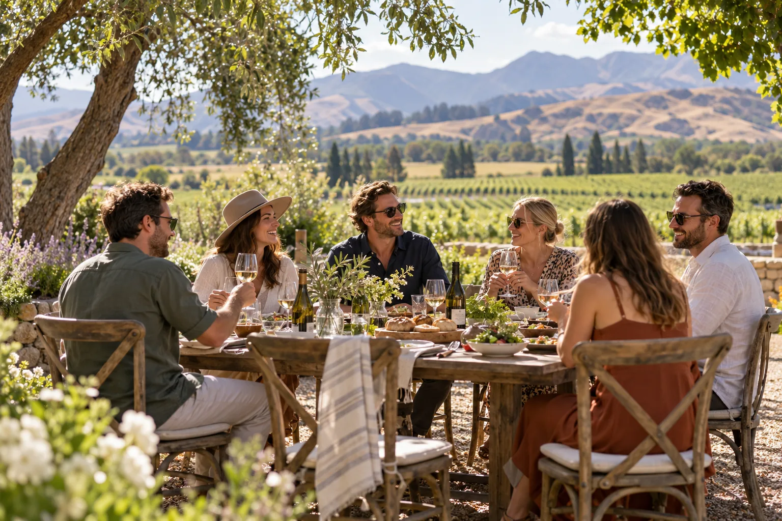 Friends enjoying an outdoor long lunch in wine country
