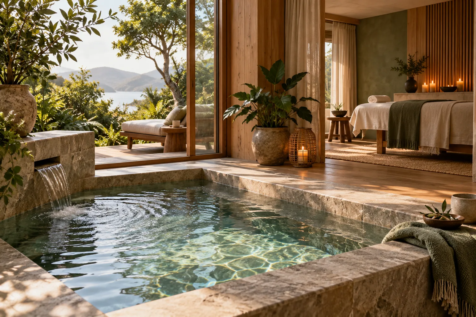 A serene day spa with a warm stone pool and treatment space