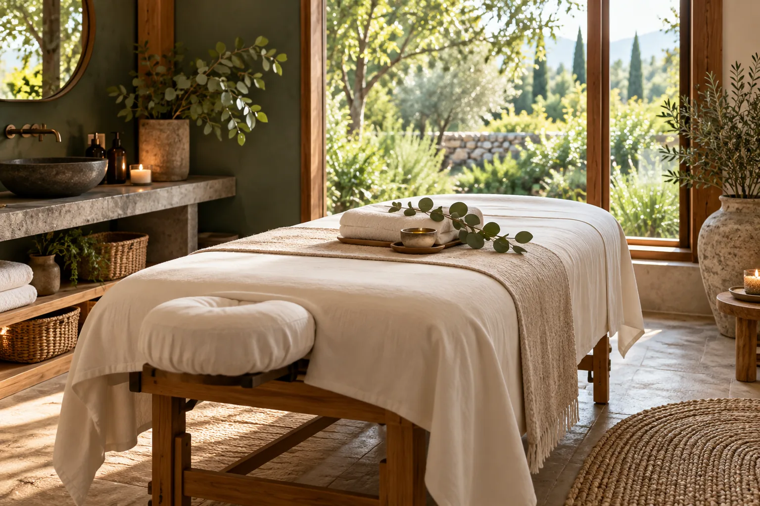 A calm day spa massage room with natural light