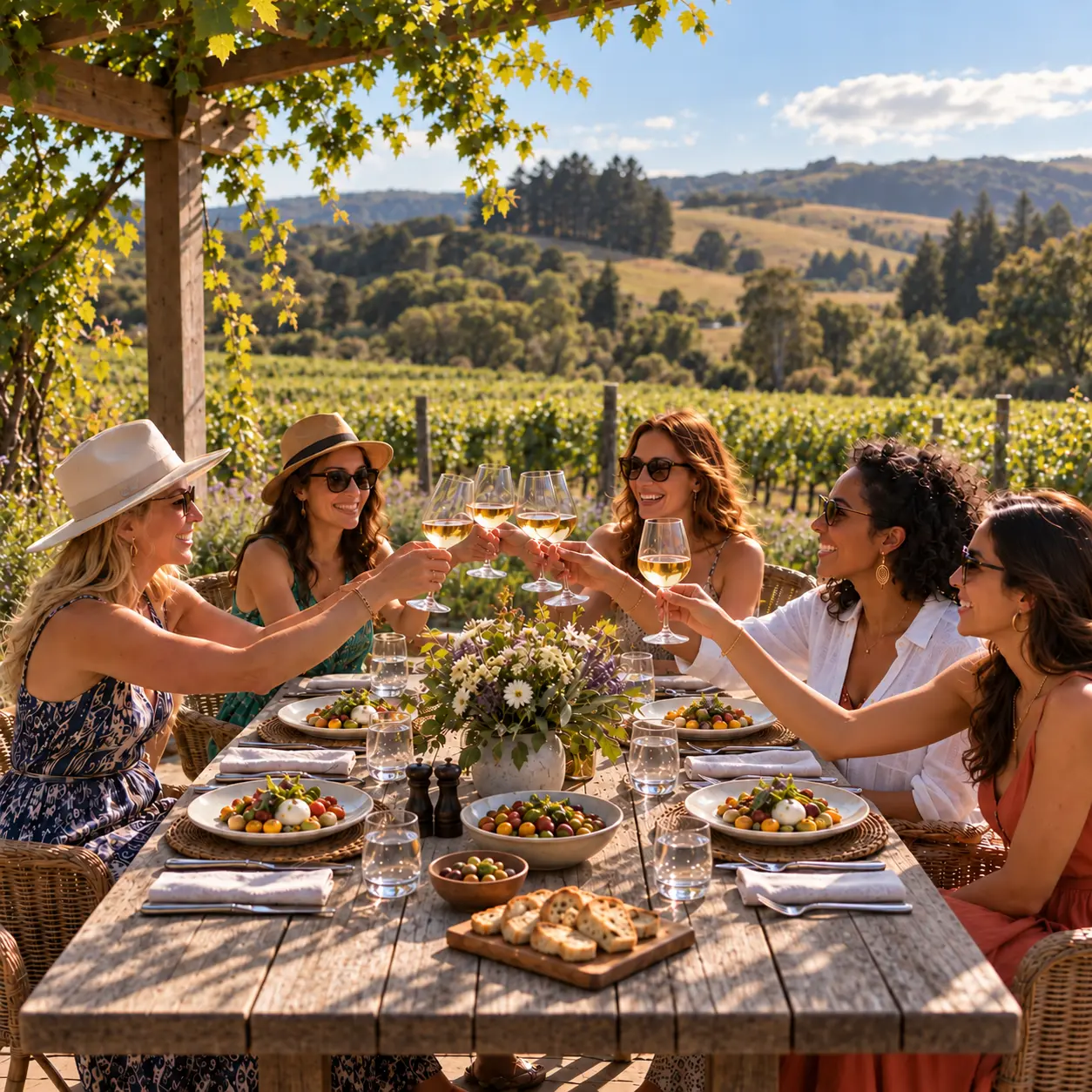 Friends enjoying a long lunch and a toast beside a vineyard