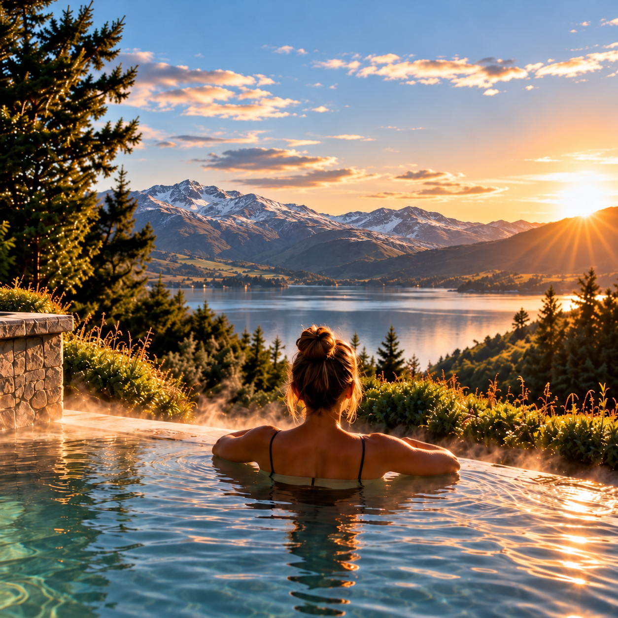Woman relaxing in an outdoor pool overlooking a lake and snow-capped mountains at sunset