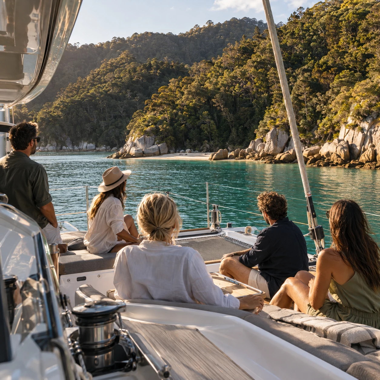 Friends relaxing on a yacht beside a sheltered rocky coastline