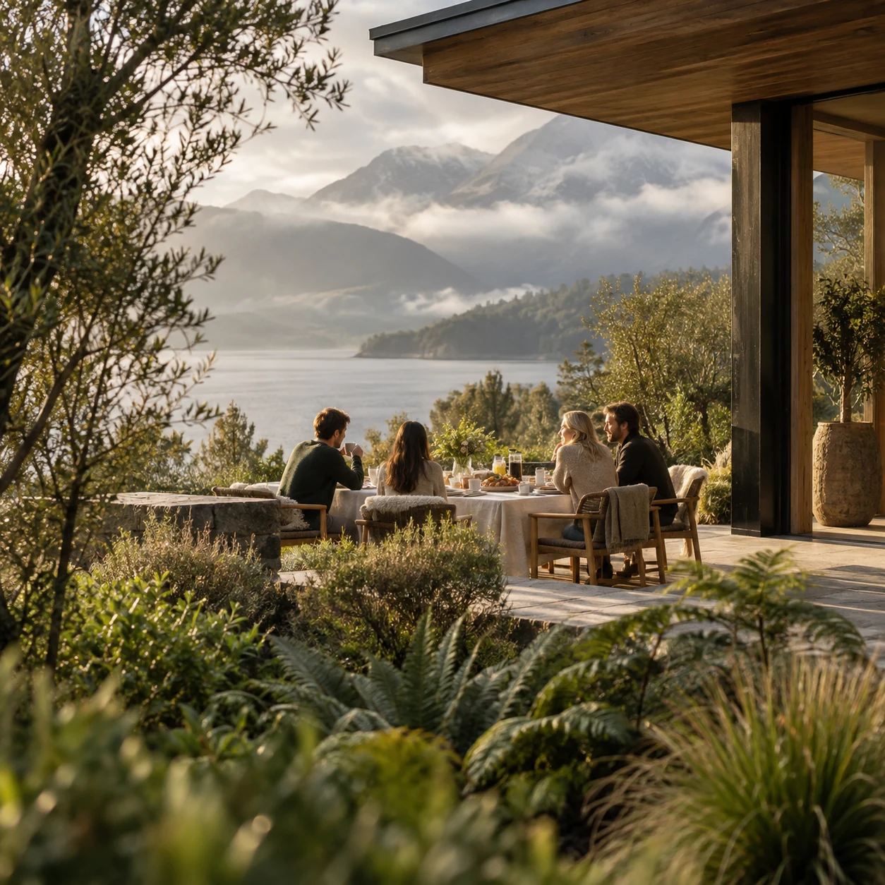 Four friends sharing breakfast at a lakeside retreat