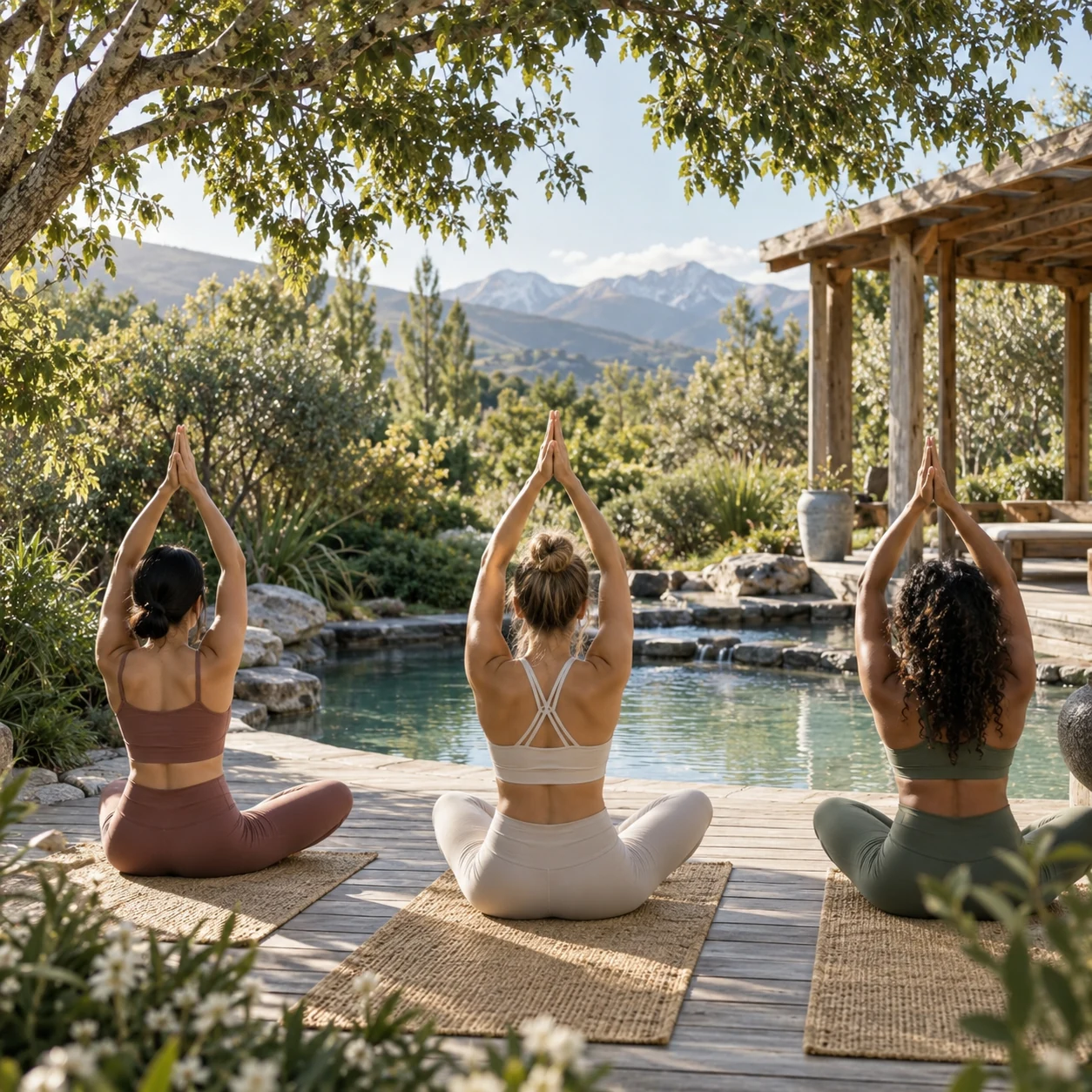 Three women practising yoga beside a garden pool