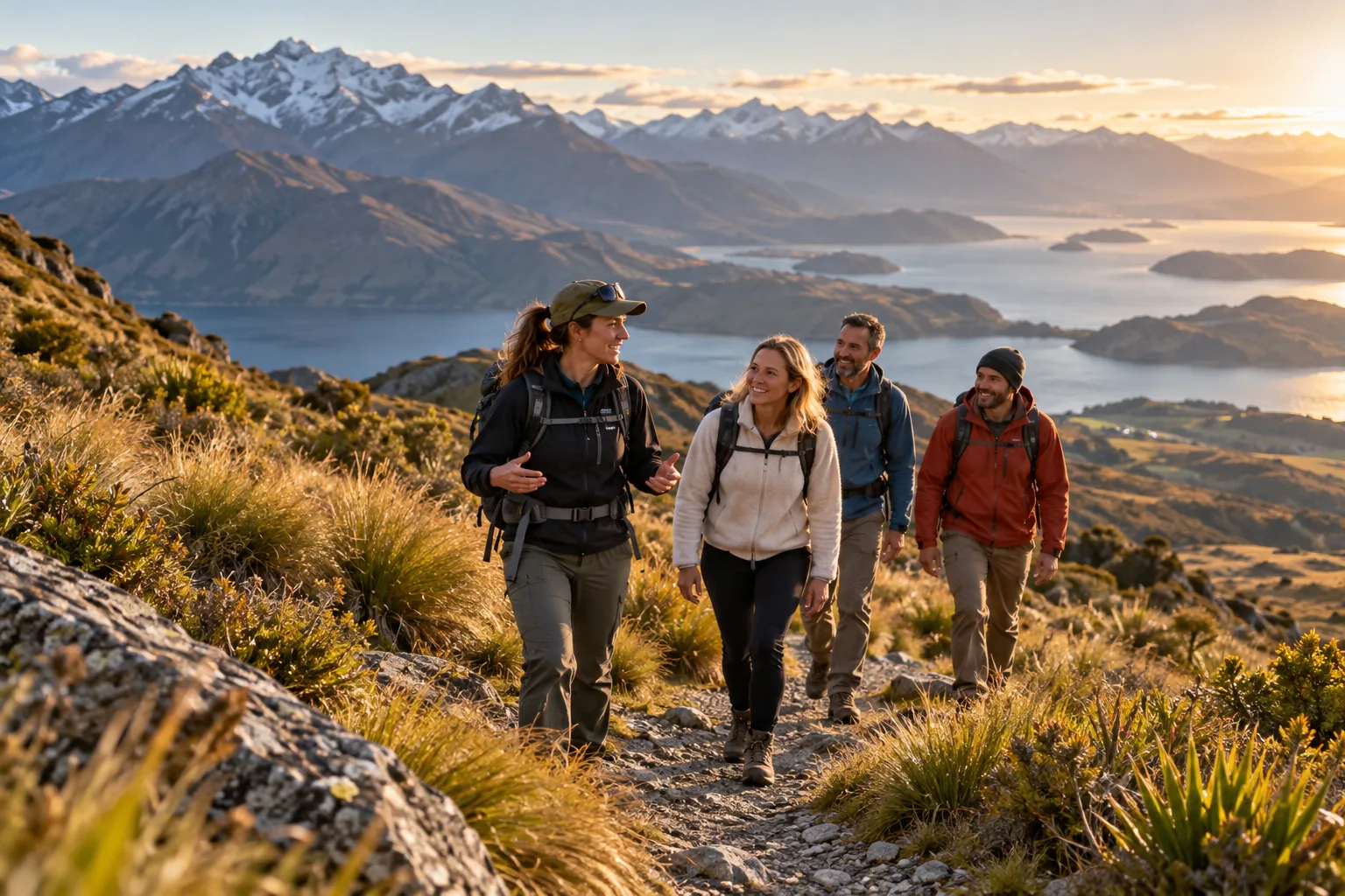 A guide walking with a small group through alpine countryside