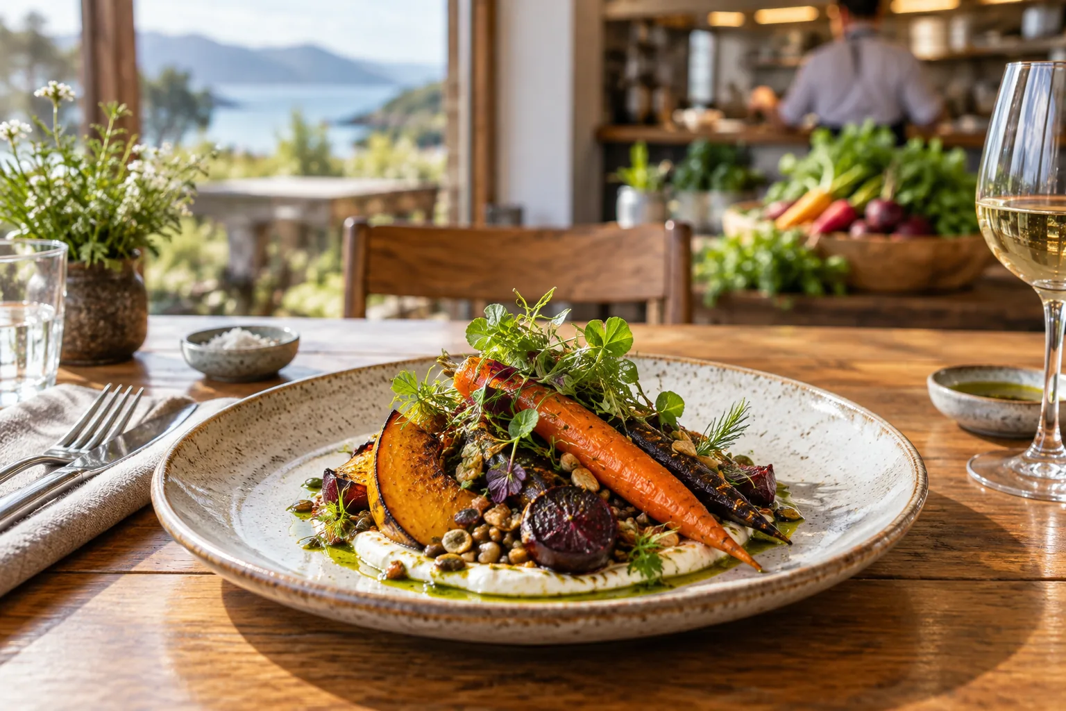 Seasonal local food plated at a restaurant table